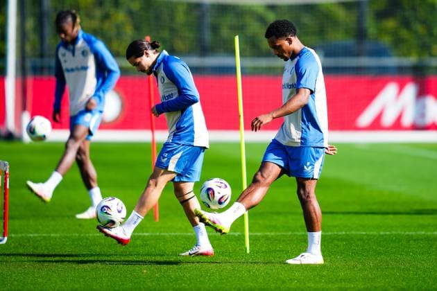 UEFA Champions League 2025-2026: training of Feyenoord Rotterdam - Anis Hadj Moussa Player of Feyenoord Rotterdam, Quinten Timber Player of Feyenoord Rotterdam during the training of Feyenoord in preparation of the UEFA Champions League qualification duel against Fenerbahce SK at Trainingscomplex 1908 on 11 August 2025 in Rotterdam, The Netherlands. (VK Sportphoto Danny de Groot) Copyright: xDannyxdexGrootx