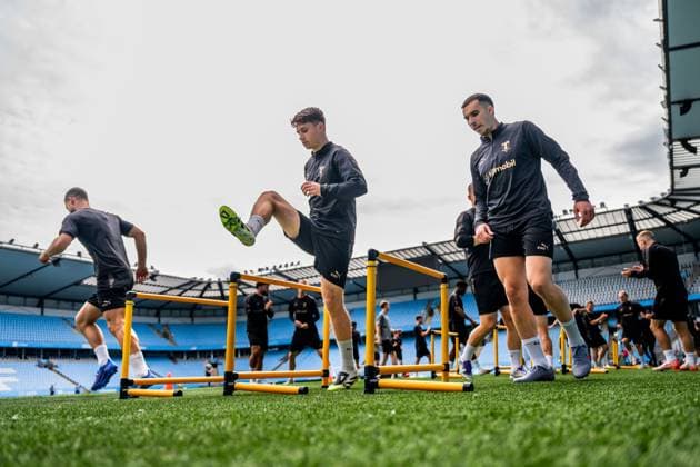 250811 Kenan Busuladzic and Andrej Djuric during a UEFA Champions League training session with Malmö FF on August 11, 2025 in Malmö Photo Petter Arvidson BILDBYRAN kod PA PA1059 fotboll football soccer fotball uefa champions league champions league träning practice training malmö ff bbeng  Copyright: PETTERxARVIDSON BB250811PA003