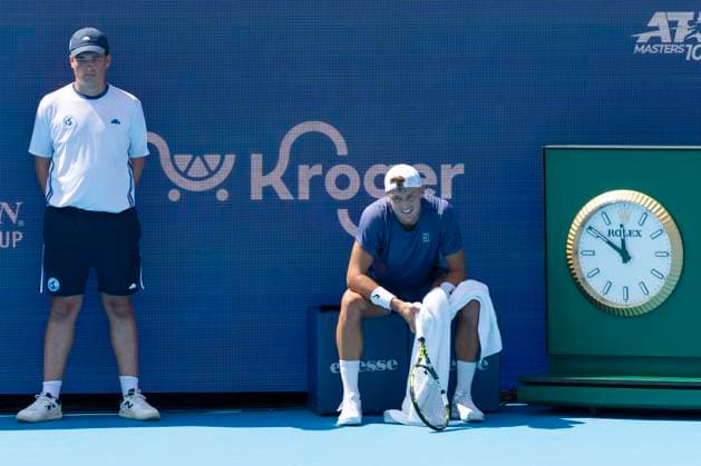 August 11, 2025, Mason, Ohio, USA: Mason, Ohio; Cincinnati Open Tennis Tournament - 2025 08 11 - Holger Rune sits down waiting for a review of a shot while playing against opponent Alex Michelson. - ZUMAPress Mason USA - ZUMAn24_ 20250811_zaf_n24_092 Copyright: xWallyxNellx