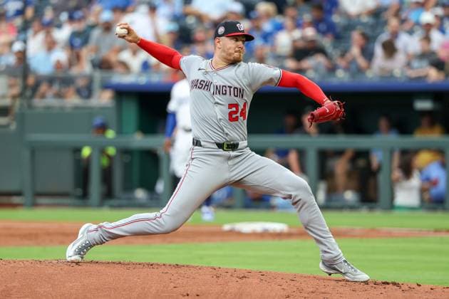 August 11, 2025: Washington Nationals starting pitcher Cade Cavalli (24) throws against the Kansas City Royals during the first inning at Kauffman Stadium in Kansas City, MO. CSM Kansas City United States of America - ZUMAc04_ 20250811_zma_c04_010 Copyright: xDavidxSmithx