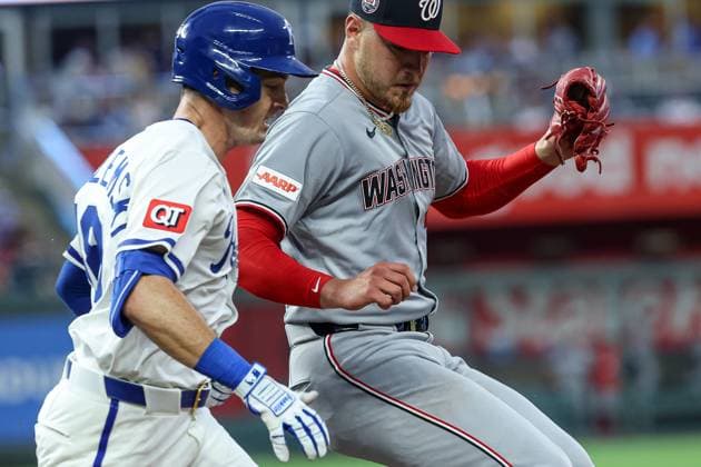 August 11, 2025: Washington Nationals starting pitcher Cade Cavalli (24) makes the out on Kansas City Royals right fielder Mike Yastrzemski (18) during the fifth inning at Kauffman Stadium in Kansas City, MO. CSM Kansas City United States of America - ZUMAc04_ 20250811_zma_c04_021 Copyright: xDavidxSmithx