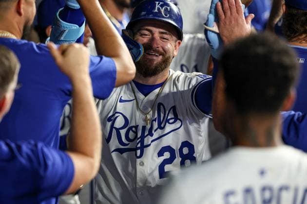 August 11, 2025: Kansas City Royals center fielder Kyle Isbel (28) celebrates his two run home run with teammates during the sixth inning against the Washington Nationals at Kauffman Stadium in Kansas City, MO. CSM Kansas City United States of America - ZUMAc04_ 20250811_zma_c04_030 Copyright: xDavidxSmithx