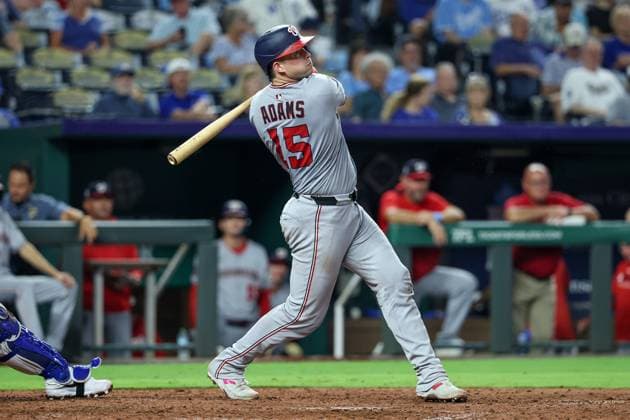 August 11, 2025: Washington Nationals catcher Riley Adams (15) watches his single during the eighth inning against the Kansas City Royals at Kauffman Stadium in Kansas City, MO. CSM Kansas City United States of America - ZUMAc04_ 20250811_zma_c04_033 Copyright: xDavidxSmithx