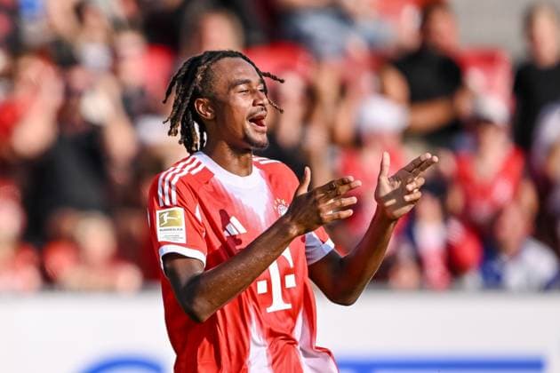 Jonah Kusi Asare Bayern Muenchen celebrates after scoring his team s second goal during the pre season friendly match between Grasshopper Club Zürich and FC Bayern München at Stadion Letzigrund on August 12, 2025 in Zurich, Switzerland Photo by Harry Langer DeFodi Images