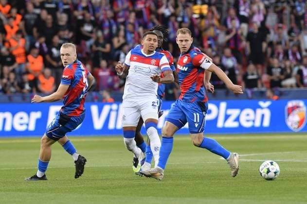 L-R Karel Spacil (Plzen), James Tavernier (Glasgow) and Matej Vydra (Plzen) in action during the 3rd qualifying round match FC Viktoria Plzen vs Glasgow Ranger, Plzen, August 12, 2025. (CTKxPhoto MiroslavxChaloupka) CTKPhotoP2025081205673  CTKPhotoP2025081205673