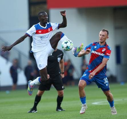 Mohamed Diomande of Rangers wins the ball from Matej Valenta of FC Viktoria Plzen during the UEFA Champions League Third Round qualifying second leg at the Doosan Arena, Plzen. Viktoria Plzen v Rangers, UEFA Champions League, 3rd Qualifying Round, Second Leg, Football, Doosan Arena, Plzen, Czech Republic, UK - 12 Aug 2025Plzen Doosan Arena Czech Republic EDITORIAL USE ONLY No use with unauthorised audio, video, data, fixture lists, club league logos or live services. Online in-match use limited to 120 images, no video emulation. No use in betting, games or single club league player publications. Copyright: xRangersxFC Shutterstockx 15438242ax