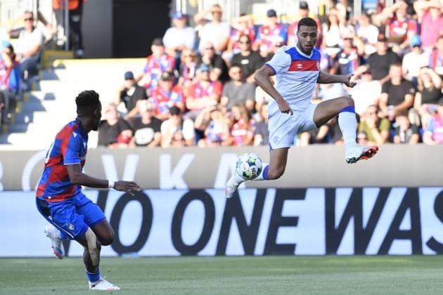 L-R Sampson Dweh (Plzen) and Cyriel Dessers (Glasgow) in action during the 3rd qualifying round match FC Viktoria Plzen vs Glasgow Ranger, Plzen, August 12, 2025. (CTKxPhoto MiroslavxChaloupka) CTKPhotoP2025081205711  CTKPhotoP2025081205711