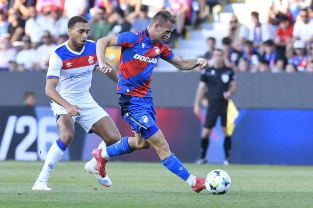 L-R Cyriel Dessers (Glasgow) and Amar Memic (Plzen) in action during the 3rd qualifying round match FC Viktoria Plzen vs Glasgow Ranger, Plzen, August 12, 2025. (CTKxPhoto MiroslavxChaloupka) CTKPhotoP2025081205739  CTKPhotoP2025081205739