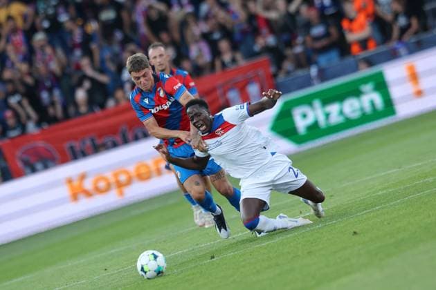 Jan Paluska of FC Viktoria Plzen battles for the ball with Djeidi Gassama of Rangers during the UEFA Champions League Third Round qualifying second leg at the Doosan Arena, Plzen. Viktoria Plzen v Rangers, UEFA Champions League, 3rd Qualifying Round, Second Leg, Football, Doosan Arena, Plzen, Czech Republic, UK - 12 Aug 2025Plzen Doosan Arena Czech Republic EDITORIAL USE ONLY No use with unauthorised audio, video, data, fixture lists, club league logos or live services. Online in-match use limited to 120 images, no video emulation. No use in betting, games or single club league player publications. Copyright: xRangersxFC Shutterstockx 15438242bu