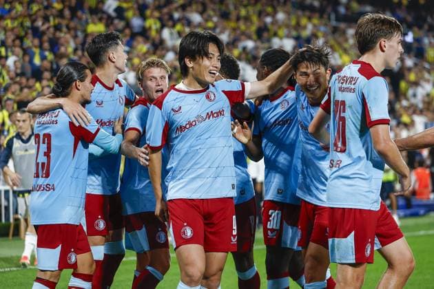 ISTANBUL , 12-08-2025 , Sukru Saracoglu stadium , season 2025 2026 , UEFA Champions League , 3th qualifying round, 2nd leg between Fenerbahce and Feyenoord , picture shows.goal celebration by Feyenoord player Tsuyoshi Watanabe who scored 0-1 Fenerbahce - Feyenoord  x30479308x Copyright: