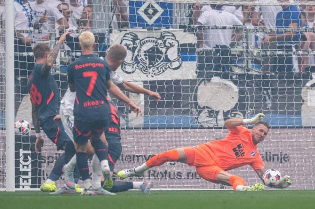 250812 Goalkeeper Robin Olsen of Malmö FF during the UEFA Champions League qualifier football match between FC Copenhagen and Malmö FF on August 12, 2025 in Copenhagen Photo Petter Arvidson BILDBYRAN kod PA PA1061 fotboll football soccer fotball uefa champions league champions league fc copenhagen malmö ff bbeng kval fc köpenhamn bbauto  Copyright: PETTERxARVIDSON BB250812PA048