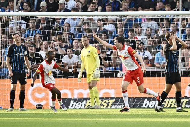 250812 Club Brugge vs RB Salzburg Jacob Rasmussen of RB Salzburg celebrates after scoring the 0-1 goal during a football game between Club Brugge and RB Salzburg, the 2nd leg of the third qualifying round for the UEFA Champions League season 2025-2026 on August 12, 2025 in Bruges, Belgium. (Photo by Maarten Straetemans Isosport) Bruges Jan Breydelstadion Belgium  Copyright: xIsosportxMaartenxStraetemansx