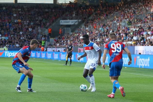 Djeidi Gassama of Rangers on the ball during the UEFA Champions League Third Round qualifying second leg at the Doosan Arena, Plzen. Viktoria Plzen v Rangers, UEFA Champions League, 3rd Qualifying Round, Second Leg, Football, Doosan Arena, Plzen, Czech Republic, UK - 12 Aug 2025Plzen Doosan Arena Czech Republic EDITORIAL USE ONLY No use with unauthorised audio, video, data, fixture lists, club league logos or live services. Online in-match use limited to 120 images, no video emulation. No use in betting, games or single club league player publications. Copyright: xRangersxFC Shutterstockx 15438242cg