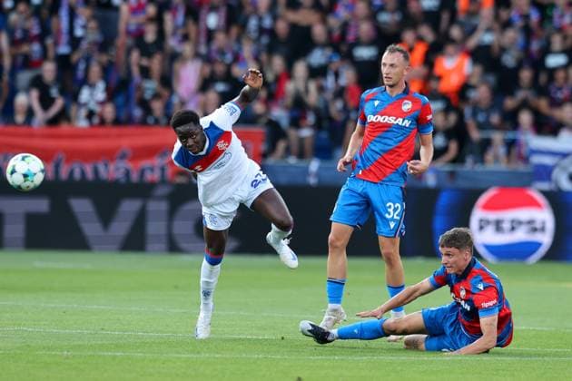 Djeidi Gassama of Rangers and Matej Valenta of FC Viktoria Plzen during the UEFA Champions League Third Round qualifying second leg at the Doosan Arena, Plzen. Viktoria Plzen v Rangers, UEFA Champions League, 3rd Qualifying Round, Second Leg, Football, Doosan Arena, Plzen, Czech Republic, UK - 12 Aug 2025Plzen Doosan Arena Czech Republic EDITORIAL USE ONLY No use with unauthorised audio, video, data, fixture lists, club league logos or live services. Online in-match use limited to 120 images, no video emulation. No use in betting, games or single club league player publications. Copyright: xRangersxFC Shutterstockx 15438242cl