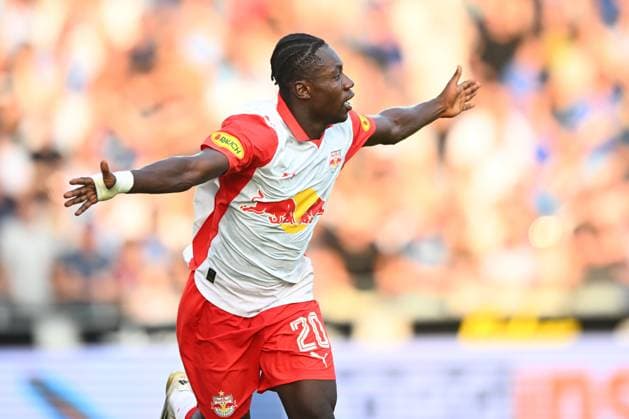 Club Brugge v Salzburg - UEFA Champions League BRUGGE, BELGIUM - AUGUST 12 : Baidoo Edmund forward of Red Bull Salzburg celebrating scoring a goal during the UEFA Champions League 2025 26 third qualifying round second leg between Club Brugge and Salzburg on August 12, 2025 in Brugge, Belgium, 12 08 2025 Brugge Belgium  Copyright: xGvgx