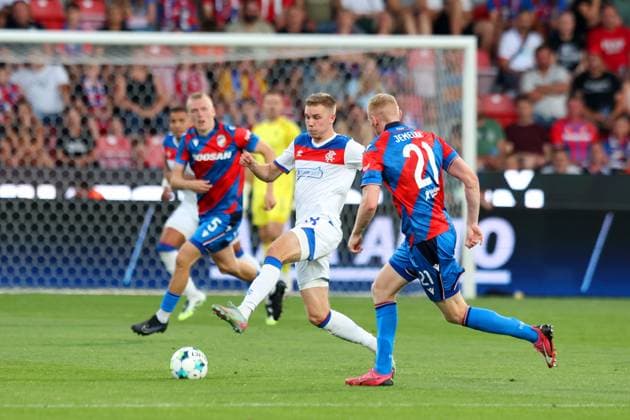 Karel Spacil of FC Viktoria Plzen and Oliver Antman of Rangers during the UEFA Champions League Third Round qualifying second leg at the Doosan Arena, Plzen. Viktoria Plzen v Rangers, UEFA Champions League, 3rd Qualifying Round, Second Leg, Football, Doosan Arena, Plzen, Czech Republic, UK - 12 Aug 2025Plzen Doosan Arena Czech Republic EDITORIAL USE ONLY No use with unauthorised audio, video, data, fixture lists, club league logos or live services. Online in-match use limited to 120 images, no video emulation. No use in betting, games or single club league player publications. Copyright: xRangersxFC Shutterstockx 15438242cq