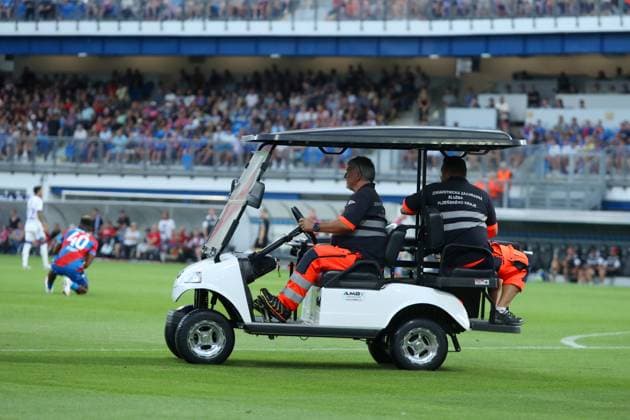 A stretcher comes on for Cyriel Dessers of Rangers during the UEFA Champions League Third Round qualifying second leg at the Doosan Arena, Plzen. Viktoria Plzen v Rangers, UEFA Champions League, 3rd Qualifying Round, Second Leg, Football, Doosan Arena, Plzen, Czech Republic, UK - 12 Aug 2025Plzen Doosan Arena Czech Republic EDITORIAL USE ONLY No use with unauthorised audio, video, data, fixture lists, club league logos or live services. Online in-match use limited to 120 images, no video emulation. No use in betting, games or single club league player publications. Copyright: xRangersxFC Shutterstockx 15438242cx