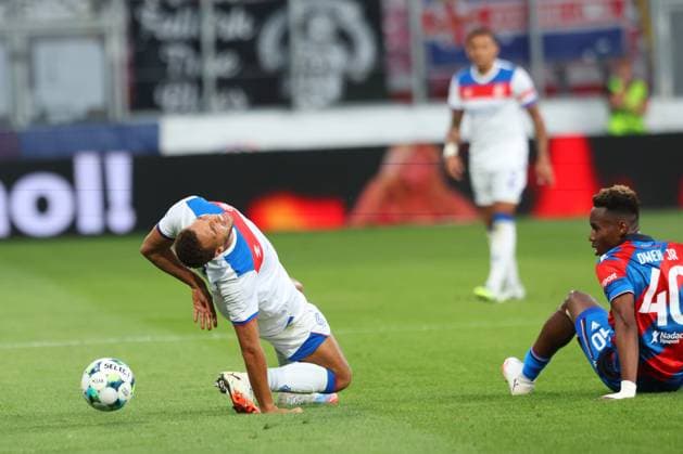 Cyriel Dessers of Rangers goes down injured during the UEFA Champions League Third Round qualifying second leg at the Doosan Arena, Plzen. Viktoria Plzen v Rangers, UEFA Champions League, 3rd Qualifying Round, Second Leg, Football, Doosan Arena, Plzen, Czech Republic, UK - 12 Aug 2025Plzen Doosan Arena Czech Republic EDITORIAL USE ONLY No use with unauthorised audio, video, data, fixture lists, club league logos or live services. Online in-match use limited to 120 images, no video emulation. No use in betting, games or single club league player publications. Copyright: xRangersxFC Shutterstockx 15438242cv