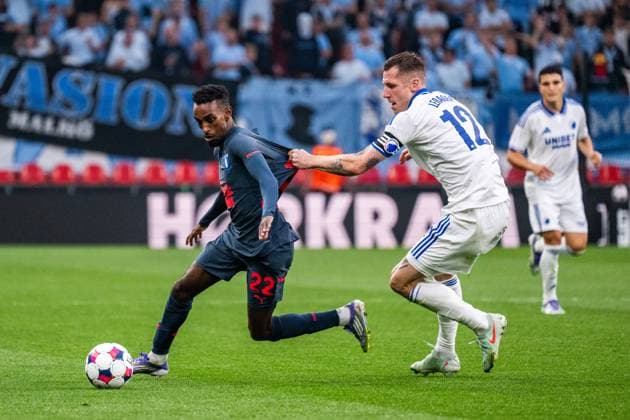 250812 Taha Ali of Malmö FF and Lukas Lerager of FC Copenhagen during the UEFA Champions League qualifier football match between FC Copenhagen and Malmö FF on August 12, 2025 in Copenhagen Photo Christoffer Borg Mattisson BILDBYRAN COP 261 PA1061 fotboll football soccer fotball uefa champions league champions league fc copenhagen malmö ff bbeng kval fc köpenhamn  Copyright: CHRISTOFFERxBORGxMATTISSON BB250812CB065