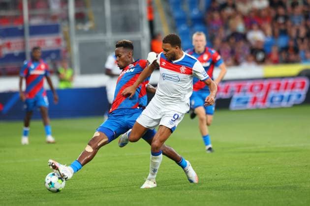 Sampson Dweh of FC Viktoria Plzen and Cyriel Dessers of Rangers during the UEFA Champions League Third Round qualifying second leg at the Doosan Arena, Plzen. Viktoria Plzen v Rangers, UEFA Champions League, 3rd Qualifying Round, Second Leg, Football, Doosan Arena, Plzen, Czech Republic, UK - 12 Aug 2025Plzen Doosan Arena Czech Republic EDITORIAL USE ONLY No use with unauthorised audio, video, data, fixture lists, club league logos or live services. Online in-match use limited to 120 images, no video emulation. No use in betting, games or single club league player publications. Copyright: xRangersxFC Shutterstockx 15438242du