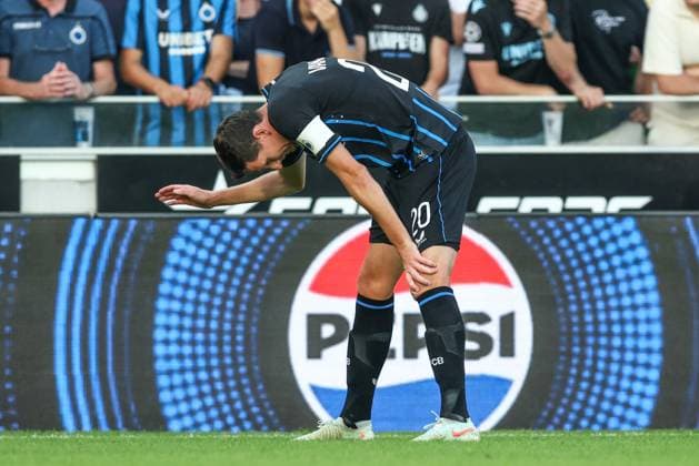 Club s Hans Vanaken reacts during a soccer game between Belgian soccer team Club Brugge and Austrian team FC Salzburg, on Tuesday 12 August 2025 in Brugge, the second leg of the third qualifying round for the UEFA Champions League competition. BRUNOxFAHY  x131102205x