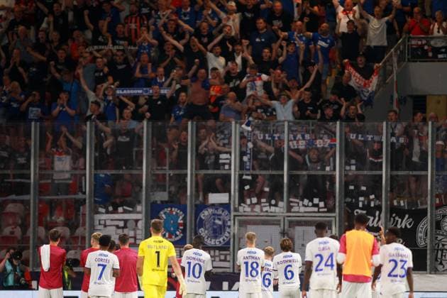 Players of Rangers clap the fans at full time Viktoria Plzen v Rangers, UEFA Champions League, 3rd Qualifying Round, Second Leg, Football, Doosan Arena, Plzen, Czech Republic, UK - 12 Aug 2025Plzen Doosan Arena Czech Republic EDITORIAL USE ONLY No use with unauthorised audio, video, data, fixture lists, club league logos or live services. Online in-match use limited to 120 images, no video emulation. No use in betting, games or single club league player publications. Copyright: xMilanxKammermeyer Shutterstockx 15437971ac