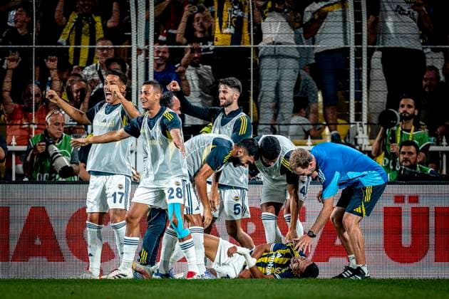 Fenerbahce SK forwarder Youssef En Nesyri scores the 4 1 and celebrating the goal during the match Fenerbahce Feyenoord at the Åžükrü SaracoÄülu Spor Kompleksi for the Champions League Third qualifying round 2nd leg season 2025 2026 in ISTANBUL, Turkey on 10 august 2025, photo by Marcel van Dorst EYE4images DeFodi Images