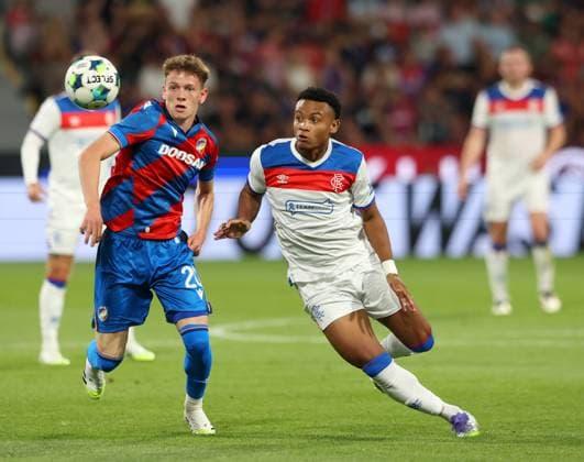 Jiri Panos of FC Viktoria Plzen and Oscar Cortes of Rangers during the UEFA Champions League Third Round qualifying second leg at the Doosan Arena, Plzen. Viktoria Plzen v Rangers, UEFA Champions League, 3rd Qualifying Round, Second Leg, Football, Doosan Arena, Plzen, Czech Republic, UK - 12 Aug 2025Plzen Doosan Arena Czech Republic EDITORIAL USE ONLY No use with unauthorised audio, video, data, fixture lists, club league logos or live services. Online in-match use limited to 120 images, no video emulation. No use in betting, games or single club league player publications. Copyright: xRangersxFC Shutterstockx 15438242fn