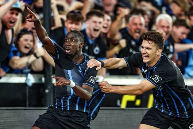 Club s Carlos Forbs celebrates after scoring during a soccer game between Belgian soccer team Club Brugge and Austrian team FC Salzburg, on Tuesday 12 August 2025 in Brugge, the second leg of the third qualifying round for the UEFA Champions League competition. BRUNOxFAHY  x131103083x