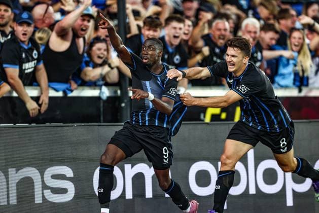 Club s Carlos Forbs celebrates after scoring during a soccer game between Belgian soccer team Club Brugge and Austrian team FC Salzburg, on Tuesday 12 August 2025 in Brugge, the second leg of the third qualifying round for the UEFA Champions League competition. BRUNOxFAHY  x131103084x