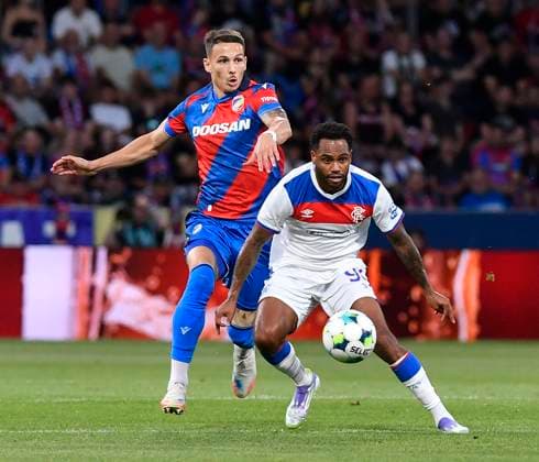 L-R Svetozar Markovic (Plzen) and Danilo Pereira (Glasgow) in action during the 3rd qualifying round match FC Viktoria Plzen vs Glasgow Ranger, Plzen, August 12, 2025. (CTKxPhoto MiroslavxChaloupka) CTKPhotoP2025081206562  CTKPhotoP2025081206562
