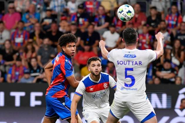 L-R Christophe Kabongo (Plzen) and Nicolas Raskin and John Souttar (both Glasgow) in action during the 3rd qualifying round match FC Viktoria Plzen vs Glasgow Ranger, Plzen, August 12, 2025. (CTKxPhoto MiroslavxChaloupka) CTKPhotoP2025081206631  CTKPhotoP2025081206631
