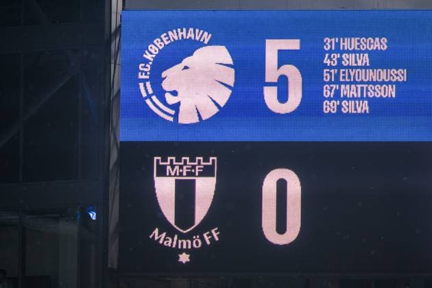 250812 The score board during the UEFA Champions League qualifier football match between FC Copenhagen and Malmö FF on August 12, 2025 in Copenhagen Photo Petter Arvidson BILDBYRAN kod PA PA1061 fotboll football soccer fotball uefa champions league champions league fc copenhagen malmö ff bbeng kval fc köpenhamn  Copyright: PETTERxARVIDSON BB250812PA142