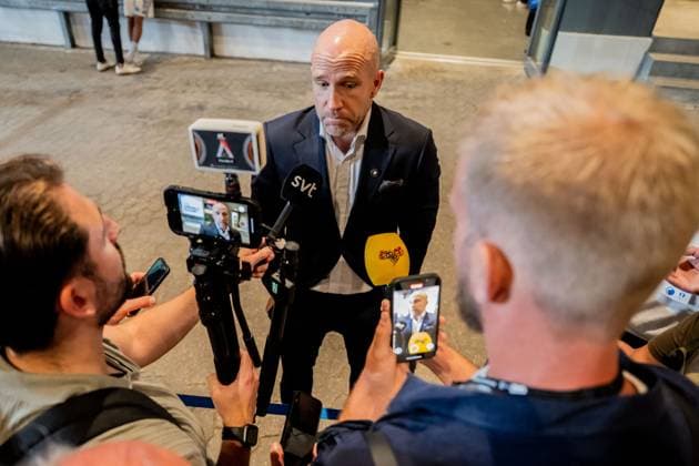 250812 Head coach Henrik Rydström of Malmö FF is being interviewed in the mixed zone after the UEFA Champions League qualifier football match between FC Copenhagen and Malmö FF on August 12, 2025 in Copenhagen Photo Petter Arvidson BILDBYRAN kod PA PA1061 fotboll football soccer fotball uefa champions league champions league fc copenhagen malmö ff bbeng kval fc köpenhamn  Copyright: PETTERxARVIDSON BB250812PA155