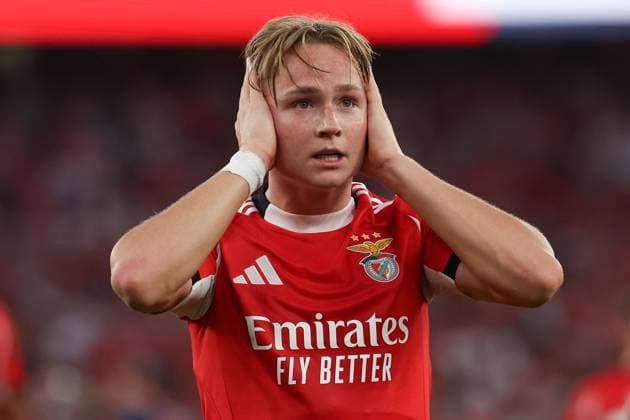 Portugal, Lisbon 2025 08 12 xJFx Second leg Third qualifying round Uefa Champions League 2025 26 , S L Benfica OGC Nice v l , Andreas Schjelderup S L Benfica Torjubelel, Goal celebration, celebrate the goal zum 2 0 Copyright: JoaquimxFerreira