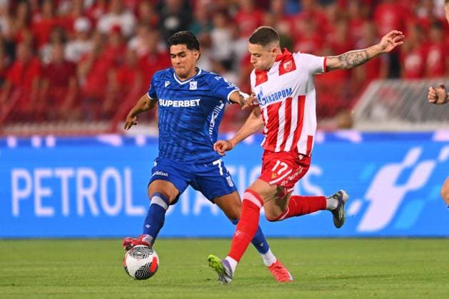 CRVENA ZVEZDA vs LECH LUIS PALMA, football player of Lech Poznan during UEFA Champion League qualification match against Crvena Zvezda, and BRUNO DUARTE DA SILVA, at Stadium Rajko Mitic. Belgrade, 12.08.2025 photo: MN Press Photo Agency FOOTBALL, UEFA CHAMPION LEAGUE QUALIFICATIONS MATCH, CRVENA ZVEZDA, RED STAR, LECH POZNAN Belgrade Stadium Rajko Mitic Serbia Copyright: xMarkoxMetlas xMNxPressx