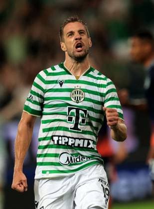 12.08.2025 Budapest Ferencvarosi TC-PFK Ludogorets Mostar Champion s League third leg qualifiers men s football Barnabas Varga Ferencvaros celebrate scored goal :