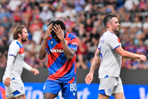 Prince Adu of Plzen after a scorched chance during the 3rd qualifying round match FC Viktoria Plzen vs Glasgow Ranger, Plzen, August 12, 2025. (CTKxPhoto MiroslavxChaloupka) CTKPhotoP2025081206686  CTKPhotoP2025081206686