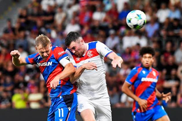 L-R Matej Vydra (Plzen) and John Souttar (Glasgow) in action during the 3rd qualifying round match FC Viktoria Plzen vs Glasgow Ranger, Plzen, August 12, 2025. (CTKxPhoto MiroslavxChaloupka) CTKPhotoP2025081206727  CTKPhotoP2025081206727