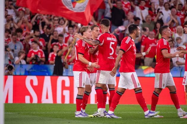 August 12, 2025, Lisboa, Lisboa, Portugal: SCHJELDERUP from SL Benfica seen celebrating his goal during the UEFA Champions League 3rd round second leg football match between SL Benfica and OGC Nice at Estadio do Lisboa e Benfica on August 12, 2025 in Lisboa, Portugal. Lisboa Portugal - ZUMAl192 20250812_zsp_l192_067 Copyright: xMiguelxLemosx