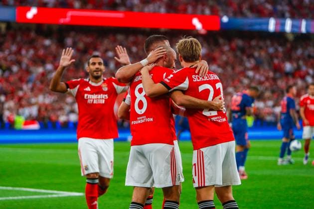 Fredrik Aursnes midfielder of SL Benfica celebrates after scoring a goal During UEFA Champions League 3rd round second leg football match between SL Benfica and OGC Nice at the Estadio da Luz in Lisbon, Portugal, on August 12, 2025. Copyright: xx Sportspressphoto_SPR9846