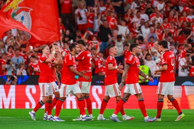 Andreas Schjelderup forward of SL Benfica celebrates after scoring a goal During UEFA Champions League 3rd round second leg football match between SL Benfica and OGC Nice at the Estadio da Luz in Lisbon, Portugal, on August 12, 2025. Copyright: xx Sportspressphoto_SPR9864
