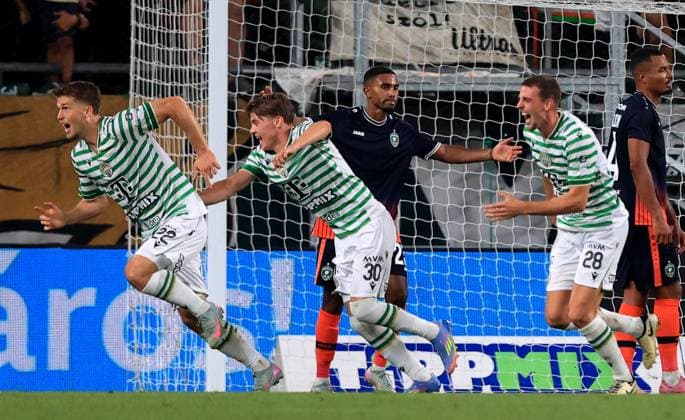 12.08.2025 Budapest Ferencvarosi TC-PFK Ludogorets Mostar Champion s League third leg qualifiers men s football Gabor Szalai(L),Zsombor Gruber(2L) Ferencvaros celebrate third scored goal beside Deroy Duarte (3L) Ludogorets :