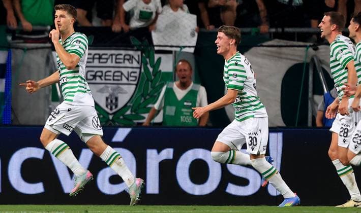 12.08.2025 Budapest Ferencvarosi TC-PFK Ludogorets Mostar Champion s League third leg qualifiers men s football Gabor Szalai(L),Zsombor Gruber(2L),Toon Raemaekers (R) Ferencvaros celebrate third scored goal :