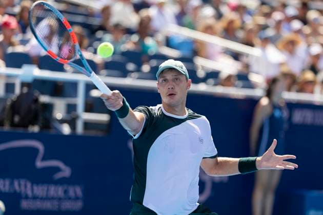 August 12, 2025, Mason, Ohio, USA: Mason, Ohio; Cincinnati Open Tennis Tournament - 2025 08 12 - Hamad Medjevic plays a ball against opponent Carlos Alcaraz. - ZUMAPress Mason USA - ZUMAn24_ 20250812_zaf_n24_134 Copyright: xWallyxNellx
