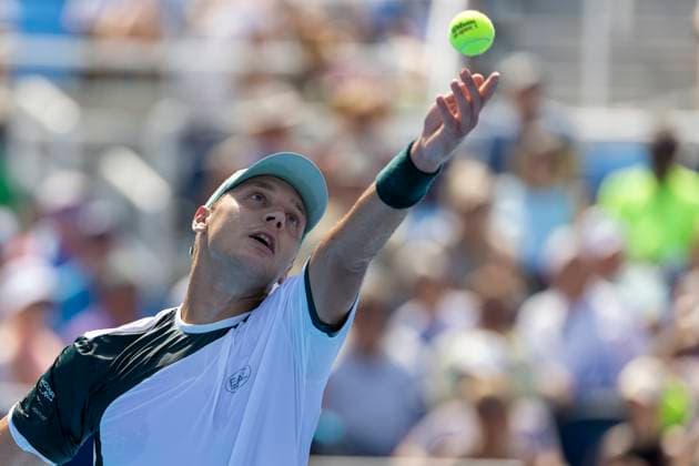 August 12, 2025, Mason, Ohio, USA: Mason, Ohio; Cincinnati Open Tennis Tournament - 2025 08 12 - Hamad Medjevic plays a ball against opponent Carlos Alcaraz. - ZUMAPress Mason USA - ZUMAn24_ 20250812_zaf_n24_147 Copyright: xWallyxNellx