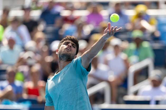 August 12, 2025, Mason, Ohio, USA: Mason, Ohio; Cincinnati Open Tennis Tournament - 2025 08 12 - Carlos Alcaraz plays a ball against opponent Hamad Medjevic. - ZUMAPress Mason USA - ZUMAn24_ 20250812_zaf_n24_148 Copyright: xWallyxNellx