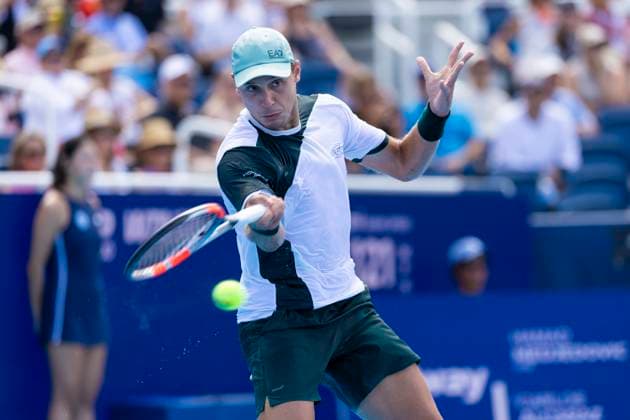August 12, 2025, Mason, Ohio, USA: Mason, Ohio; Cincinnati Open Tennis Tournament - 2025 08 12 - Hamad Medjevic plays a ball against opponent Carlos Alcaraz. - ZUMAPress Mason USA - ZUMAn24_ 20250812_zaf_n24_174 Copyright: xWallyxNellx