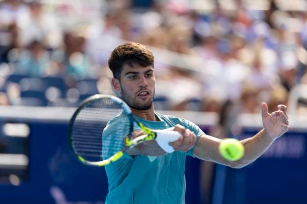 August 12, 2025, Mason, Ohio, USA: Mason, Ohio; Cincinnati Open Tennis Tournament - 2025 08 12 - Carlos Alcaraz plays a ball against opponent Hamad Medjevic. - ZUMAPress Mason USA - ZUMAn24_ 20250812_zaf_n24_180 Copyright: xWallyxNellx