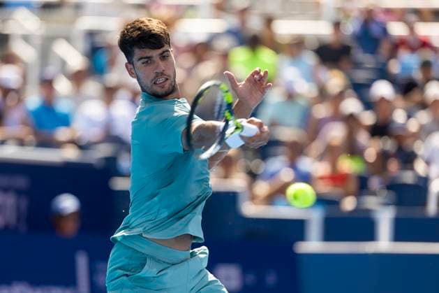 August 12, 2025, Mason, Ohio, USA: Mason, Ohio; Cincinnati Open Tennis Tournament - 2025 08 12 - Carlos Alcaraz plays a ball against opponent Hamad Medjevic. - ZUMAPress Mason USA - ZUMAn24_ 20250812_zaf_n24_197 Copyright: xWallyxNellx